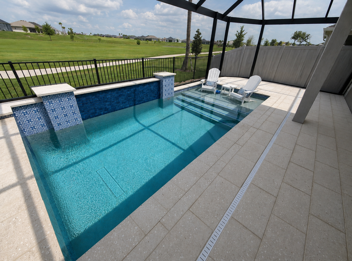 Custom Pool with Tile Water Wall & Tanning Ledge